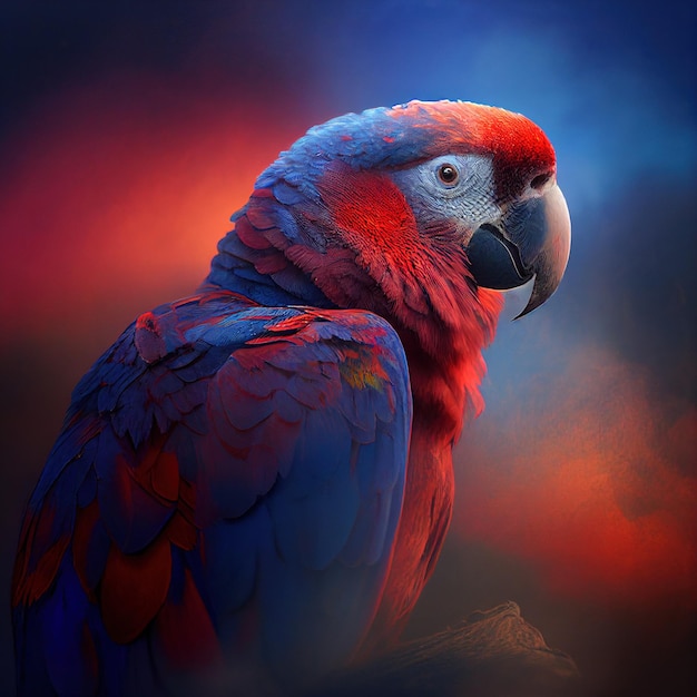 Painting of a macaw bird parrot in blue and red smoky background