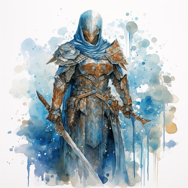 Photo painting of a man in armor with a sword and a blue cape generative ai