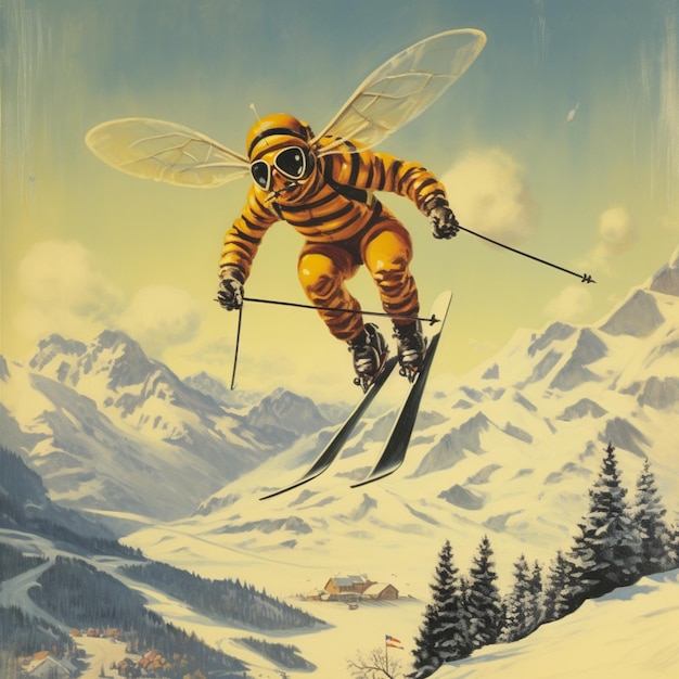 Photo painting of a man in a bee suit skiing down a mountain generative ai