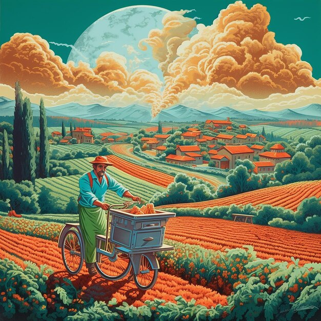 A painting of a man on a bike with a blue shirt on it.