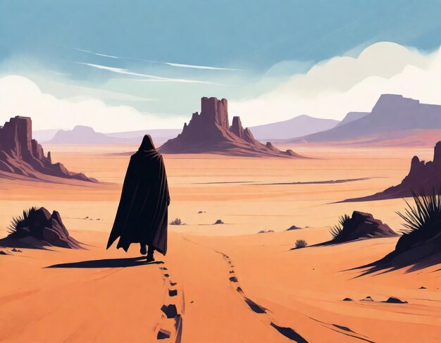 a painting of a man in a black cape is on a desert