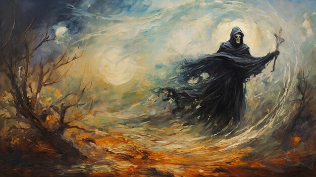 Painting of a man in a black robe holding a scythe generative ai