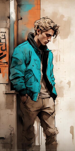 Photo painting of a man in a blue jacket standing in front of a wall ai generated