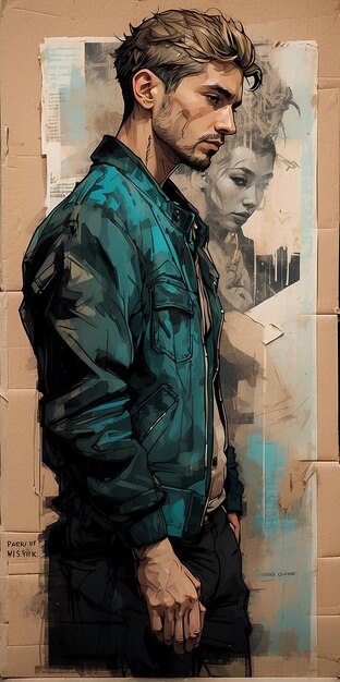 Photo painting of a man in a blue jacket standing in front of a wall ai generated