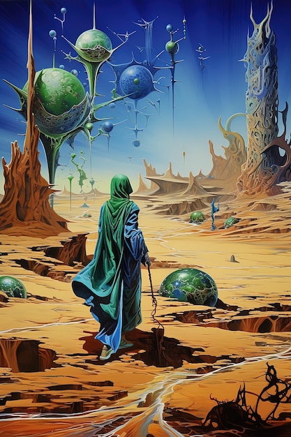 a painting of a man in a blue robe with a green globe on it