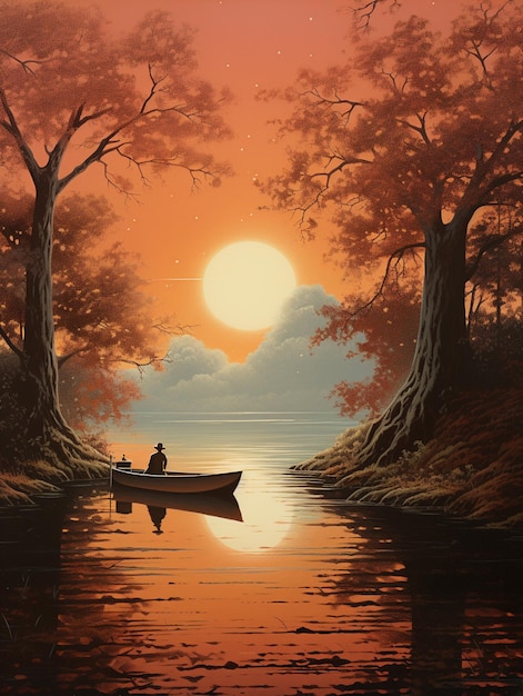 painting of a man in a boat on a lake at sunset generative ai