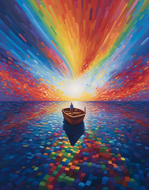 Painting of a man in a boat on a lake with a colorful sky generative ai