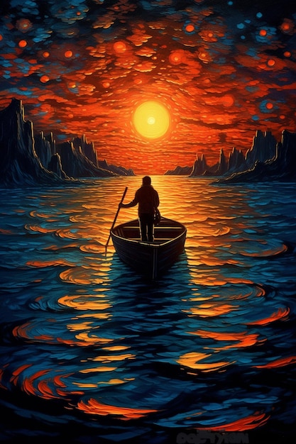 A painting of a man in a boat with the sun in the background.