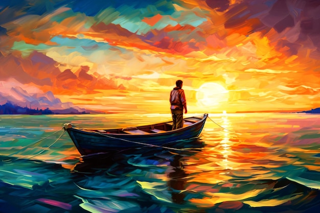 Photo a painting of a man in a boat with the sun setting behind him