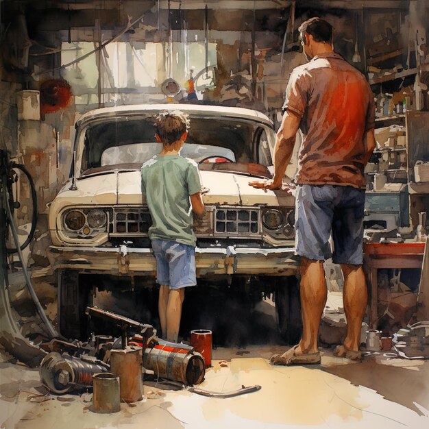 Photo a painting of a man and a boy looking at a car