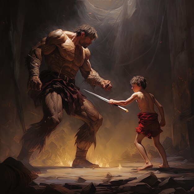 a painting of a man and a boy with a sword in his hand