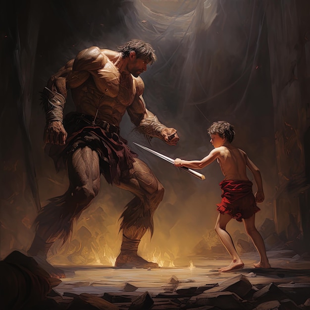 Photo a painting of a man and a boy with a sword in his hand