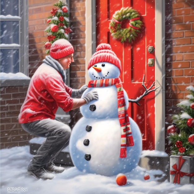 Photo painting of a man building a snowman in front of a red door generative ai