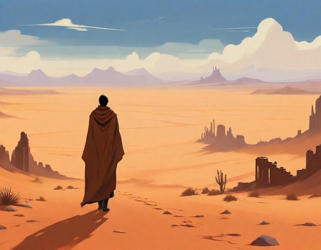 Photo a painting of a man in a cape looking out to the desert