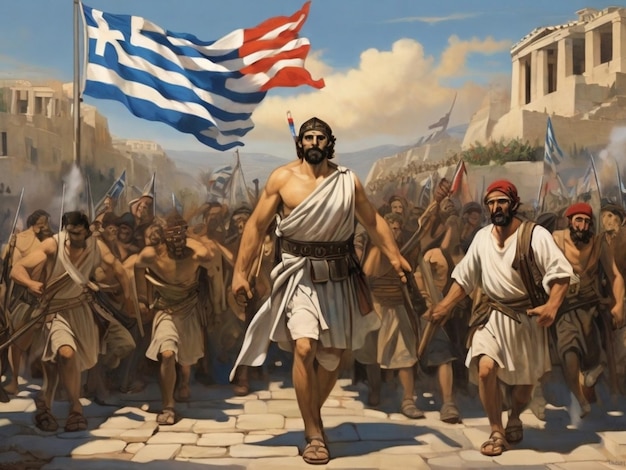 Photo a painting of a man carrying a flag that says  god