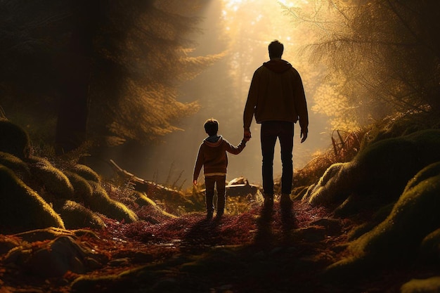 A painting of a man and a child holding hands in the woods.