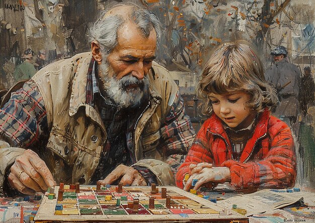 Photo a painting of a man and a child playing a game with a man looking at a board