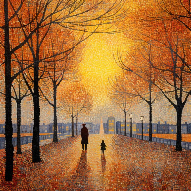 a painting of a man and a child walking down a street in autumn