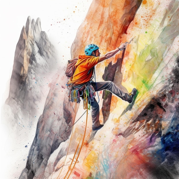 painting of a man climbing up a mountain with a rope generative ai