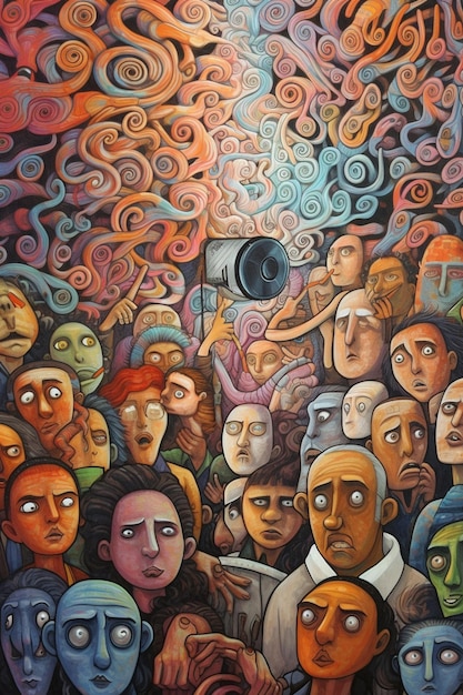 A painting of a man in a crowd with a camera in the middle.