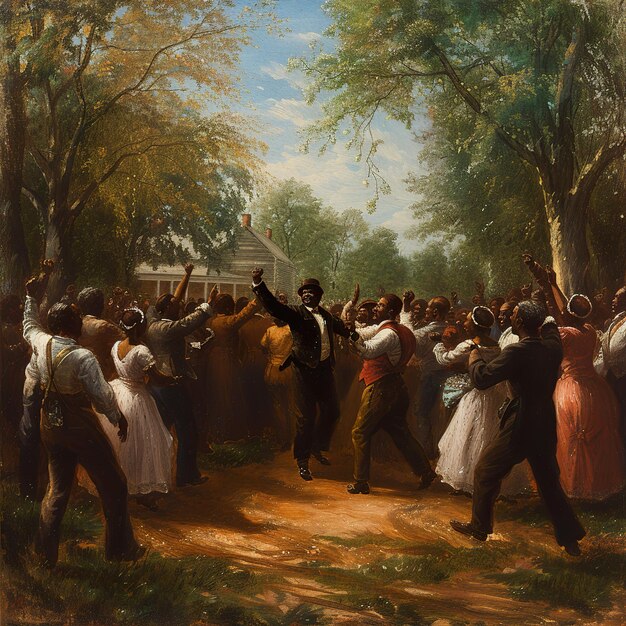 Photo a painting of a man dancing in a forest with other people