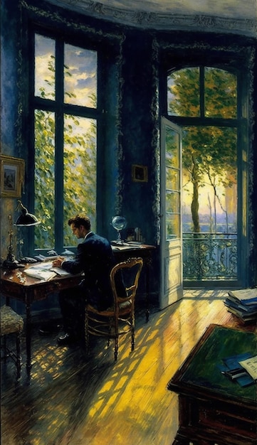A painting of a man at a desk in a room with a window that says " the word " on it.