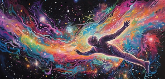 A painting of a man diving in space.