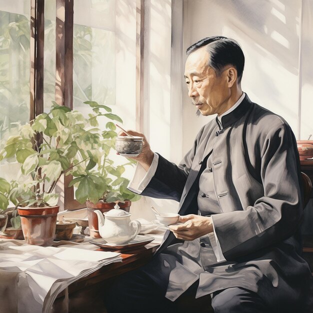 a painting of a man drinking coffee and reading a book.