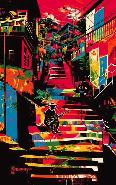 Photo a painting of a man fishing in a colorful alley