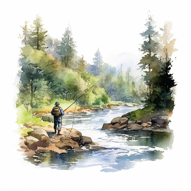 バックパックを背負って川で釣りをしている男性の絵 生成 AI
