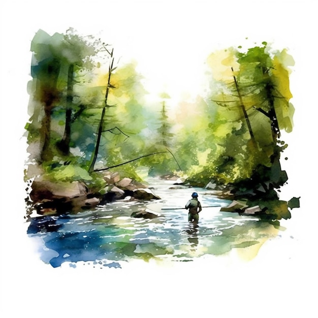 Painting of a man fishing in a river with trees in the background generative ai