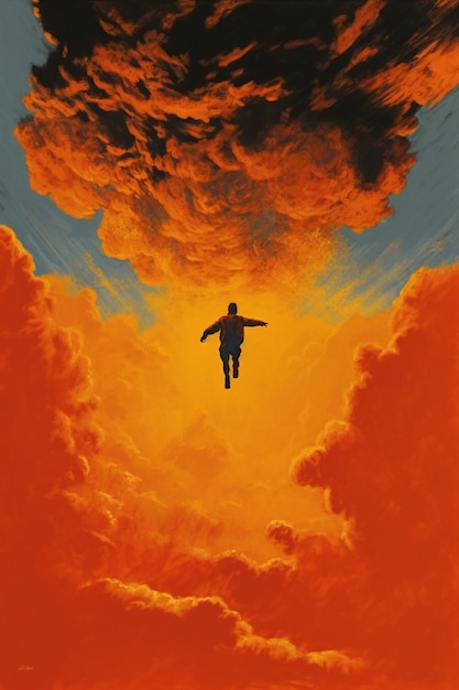 Painting of a man flying through the air in a cloudy sky generative ai