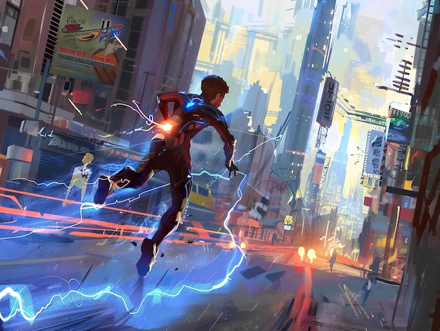 a painting of a man flying through a city