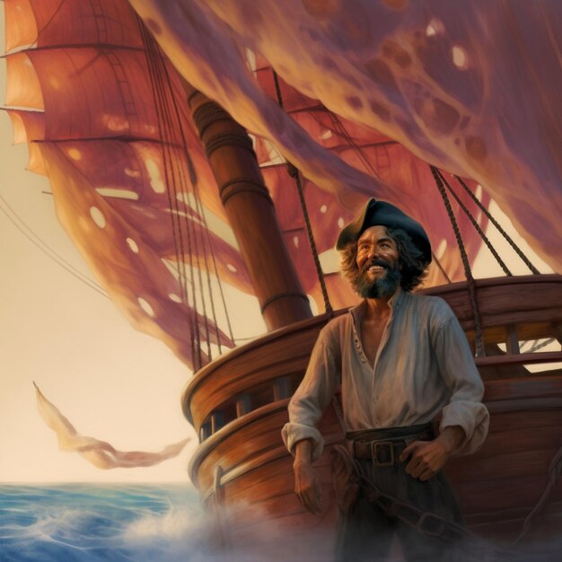 A painting of a man in front of a ship with a sail on it