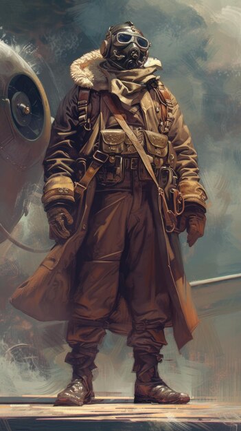 Painting of a man in a gas mask standing in front of a plane