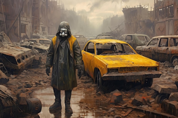 A painting of a man in a gas mask and a yellow car in a ruined city.