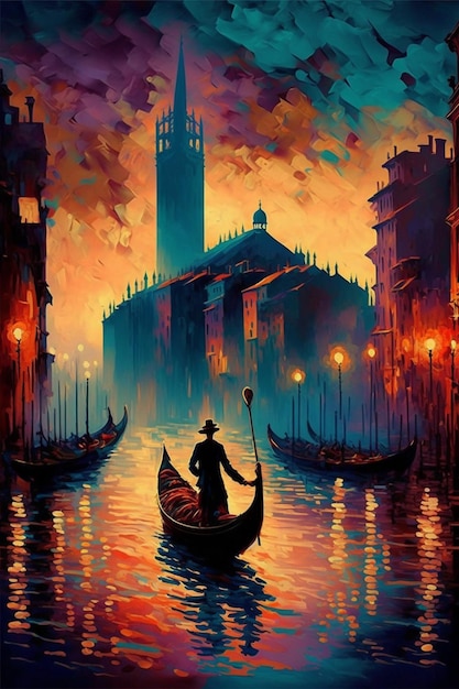 Painting of a man on a gondola in venice generative ai