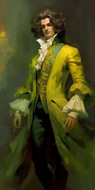 A painting of a man in a green suit and green pants.