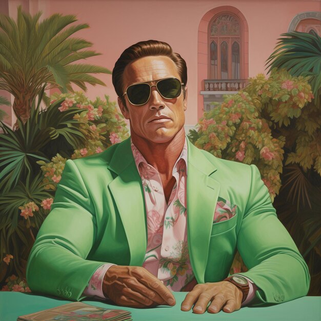 painting of a man in a green suit and sunglasses sitting at a table generative ai