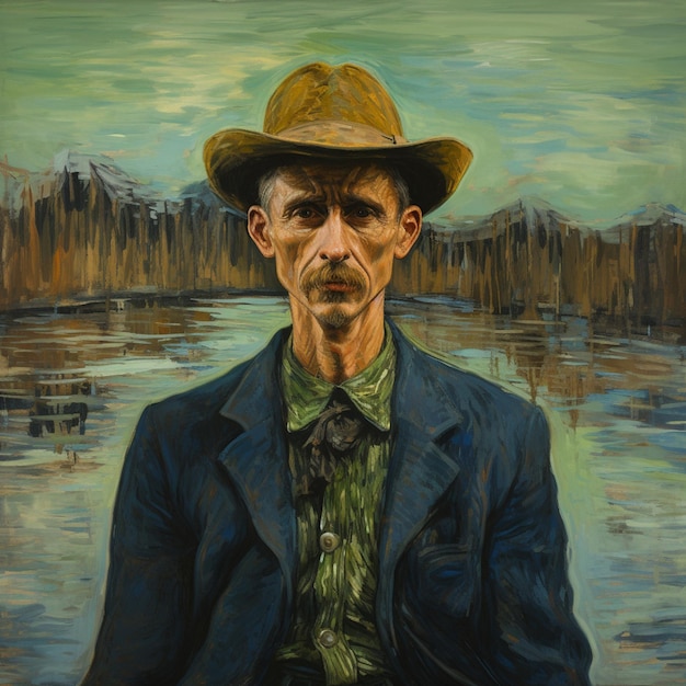 Картина человека в шляпе и галстуке, стоящего перед рекой.