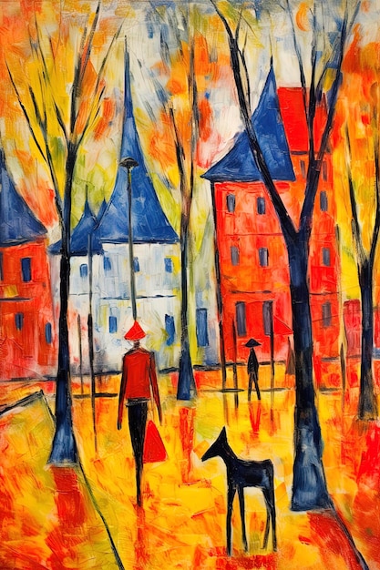 A painting of a man and his dog in front of a red house