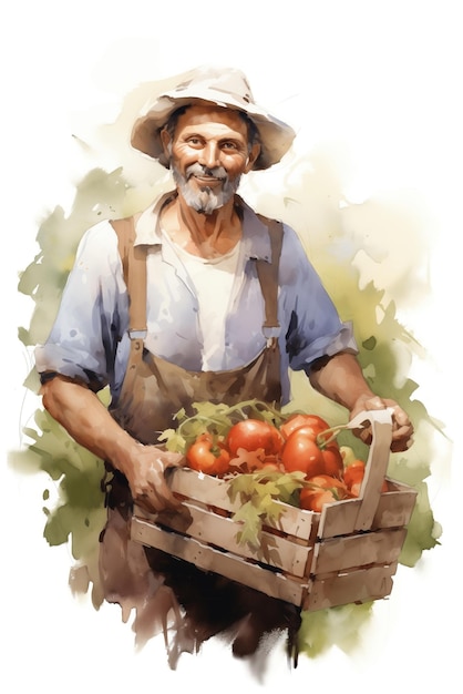 a painting of a man holding a basket of tomatoes