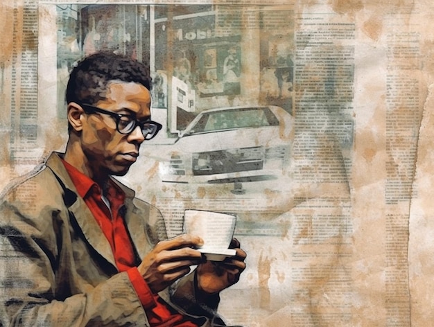 A painting of a man holding a cup of coffee