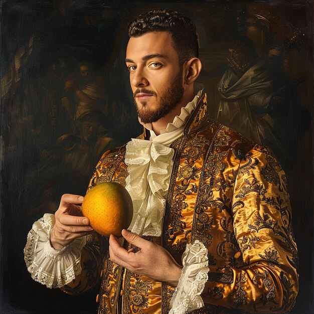 a painting of a man holding an egg and a yellow egg