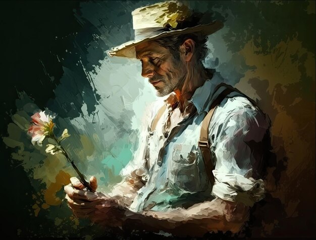 A painting of a man holding a flower Generative AI