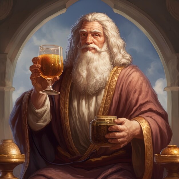 a painting of a man holding a glass of beer