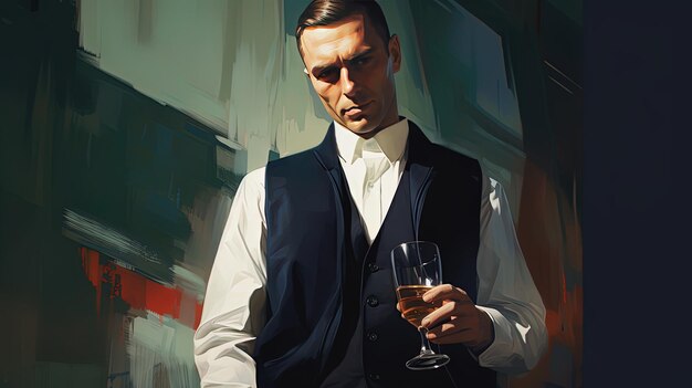 a painting of a man holding a glass of wine