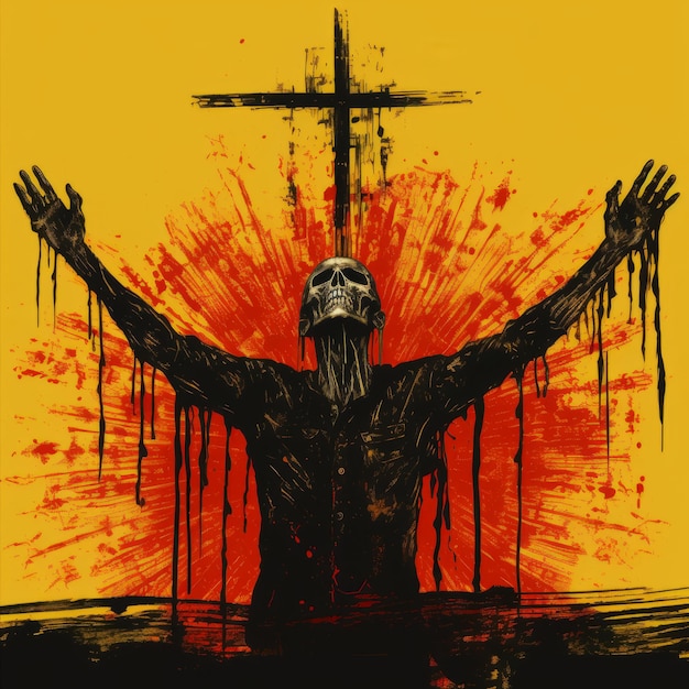 a painting of a man holding his hands up in front of a cross