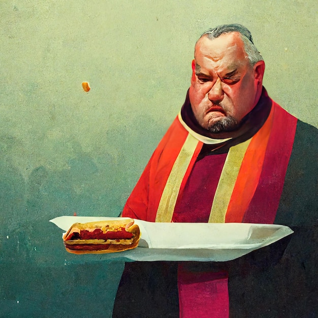 a painting of a man holding a hot dog and a plate of food with a man holding a hot dog on it.