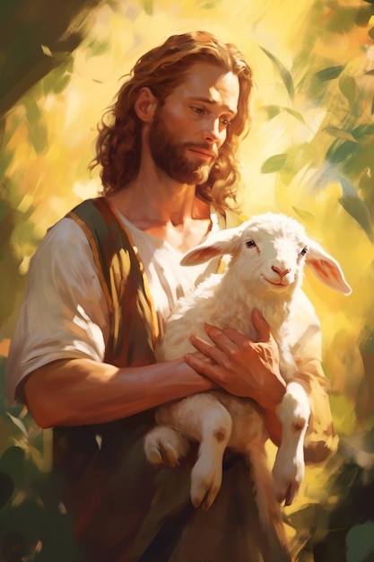子羊を抱く男性の絵 生成AI画像